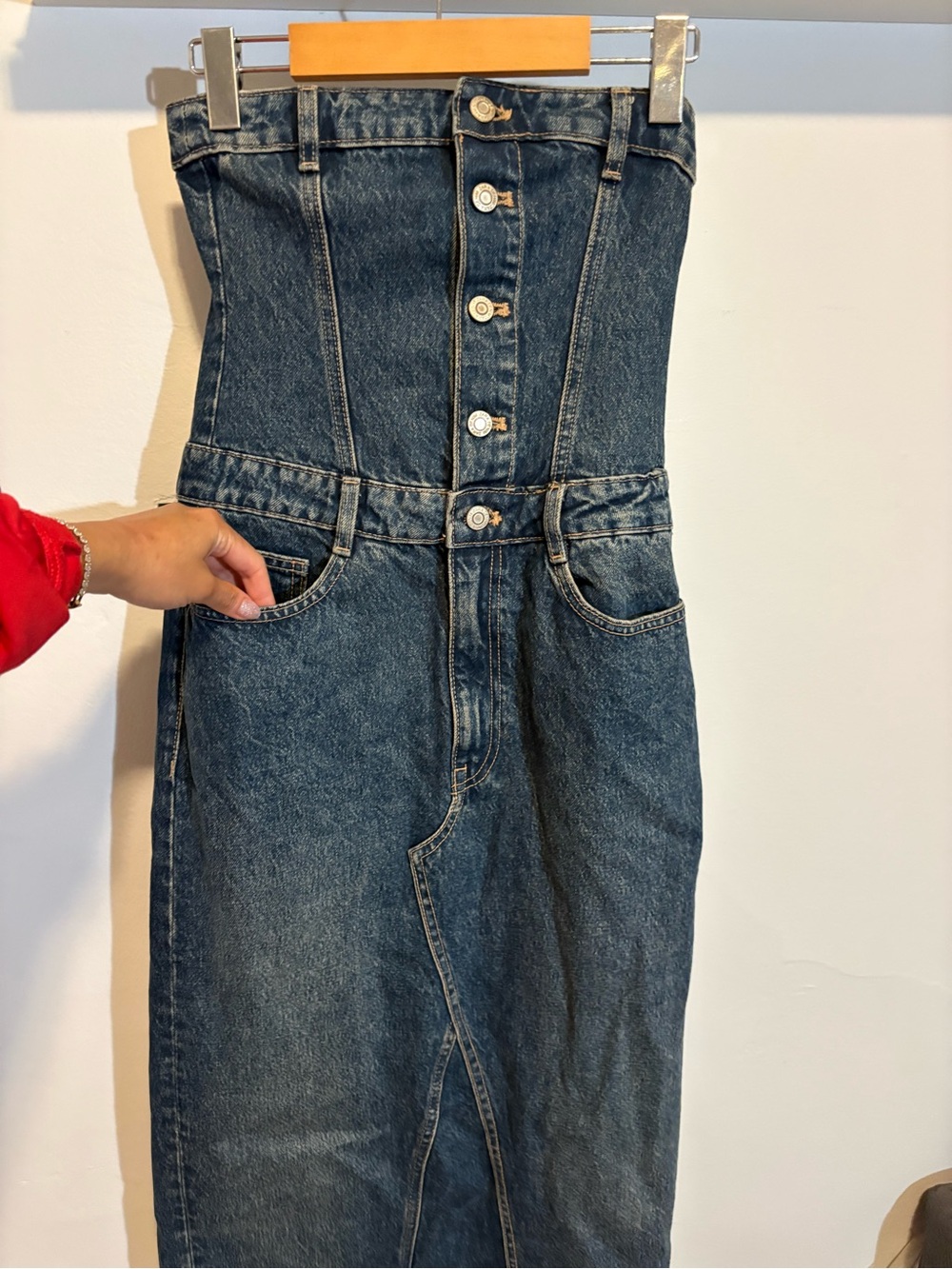 Zara Blue Strapless Button-Front Denim Jumpsuit Dress